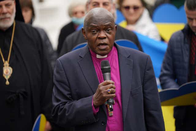 Chairman of Christian Aid and former Archbishop of York, John Sentamu, joins other church leaders leading a crowd in an act of witness outside the Ukrainian embassy in Holland Park, west London (Yui Mok/PA)