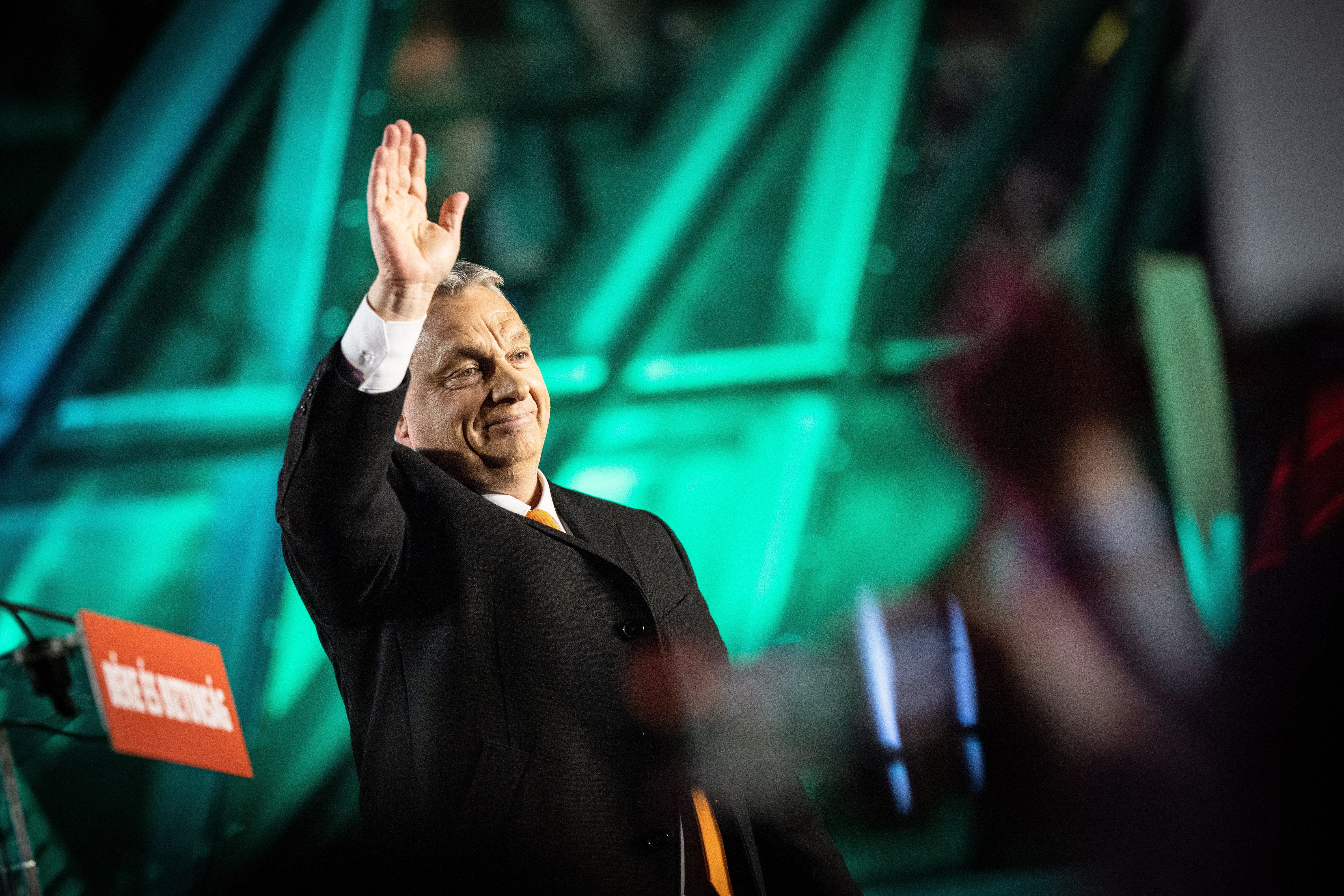 Hungarian prime minister Viktor Orban waves to his supporters during the governing Fidesz-KDNP party’s event after the general election