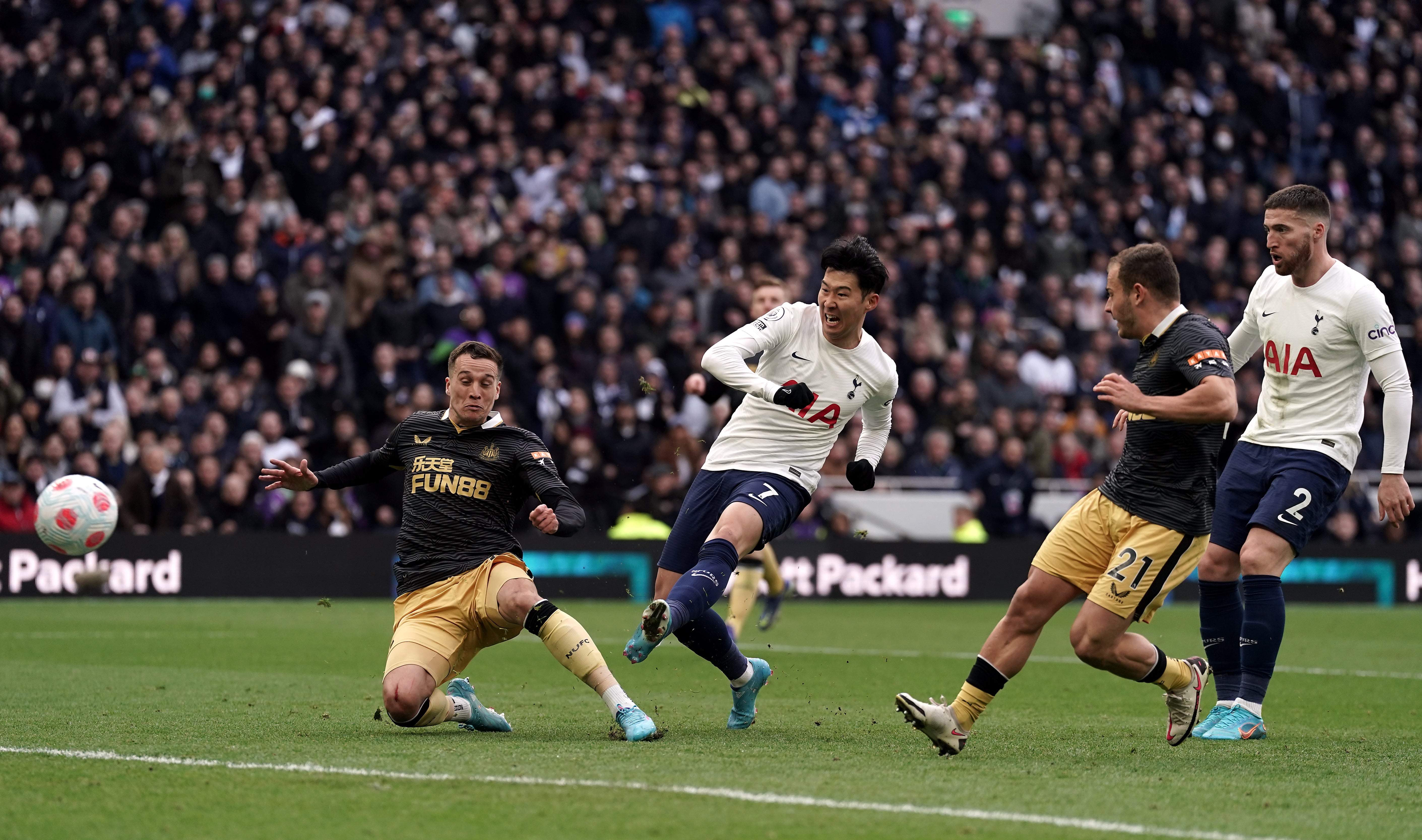 Son Heung-min scores during Tottenham’s 5-1 thrashing of Newcastle that moved them into the top four ahead of Arsenal, with Manchester United three points back in seventh (Nick Potts/PA)