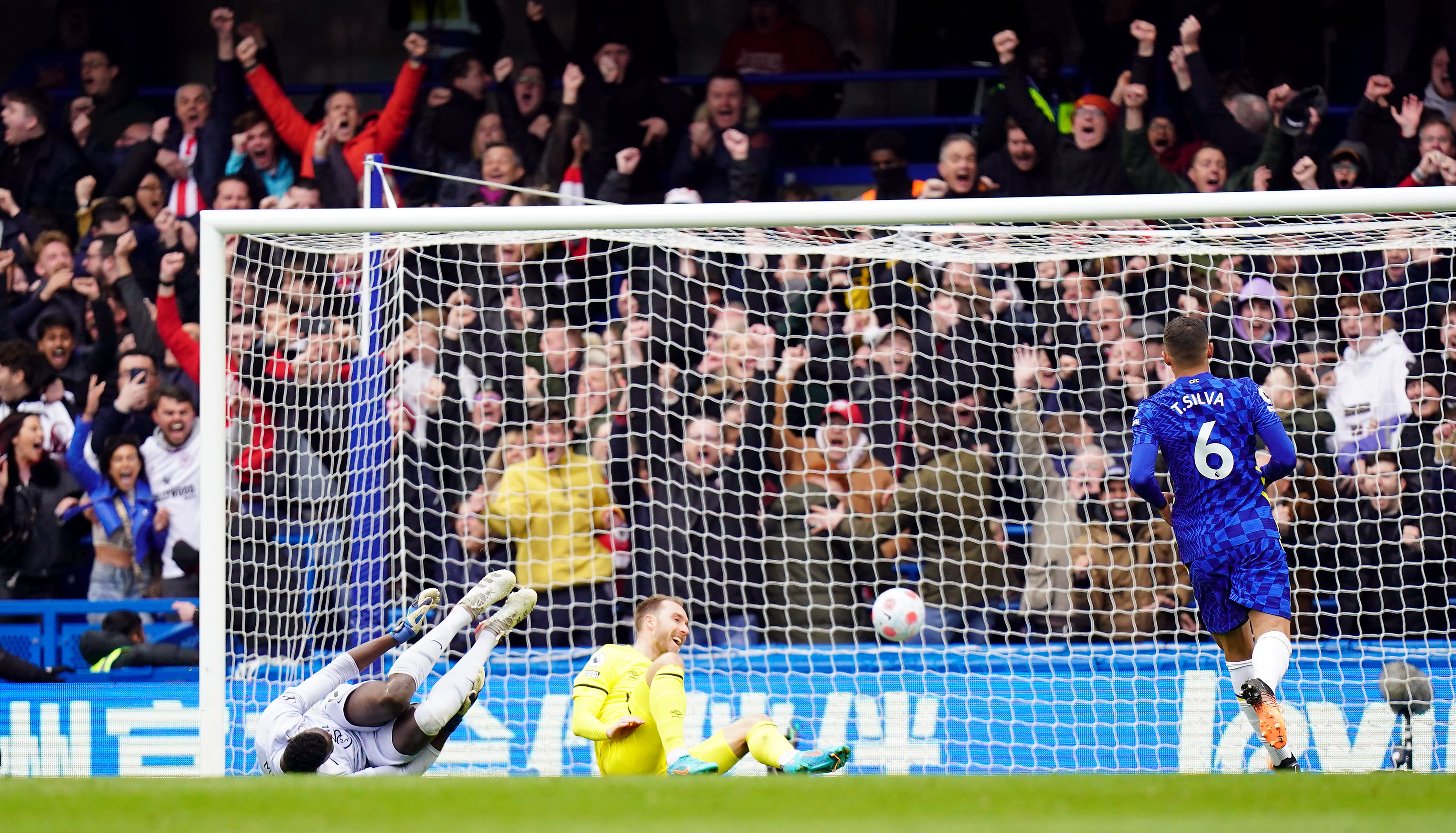 Christian Eriksen scores during Brentford’s 4-1 thrashing of Chelsea at Stamford Bridge (Adam Davy/PA)