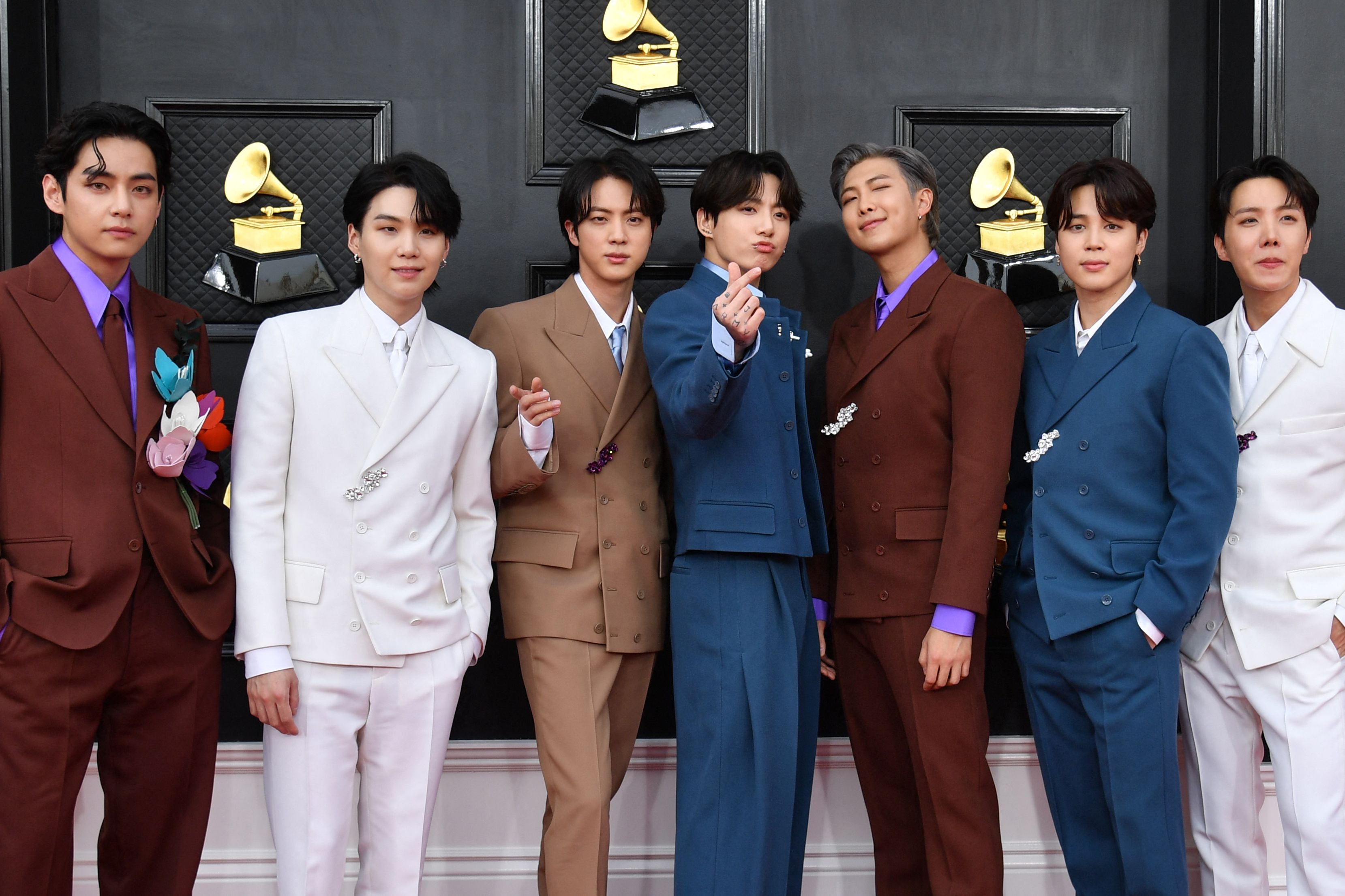 South Korean boy band BTS arrives for the 64th Annual Grammy Awards at the MGM Grand Garden Arena in Las Vegas on 3 April 2022