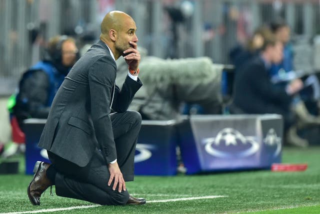 <p>Pep Guardiola watches on as his Bayern team are beaten by Atletico in 2016 </p>