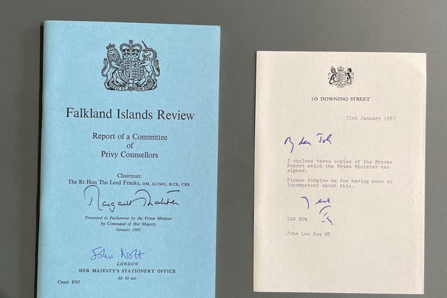 A copy of the Falklands Island Review was donated to The Poppy Factory by Lord Lee of Trafford to mark 40 years since the war began (The Poppy Factory/PA)