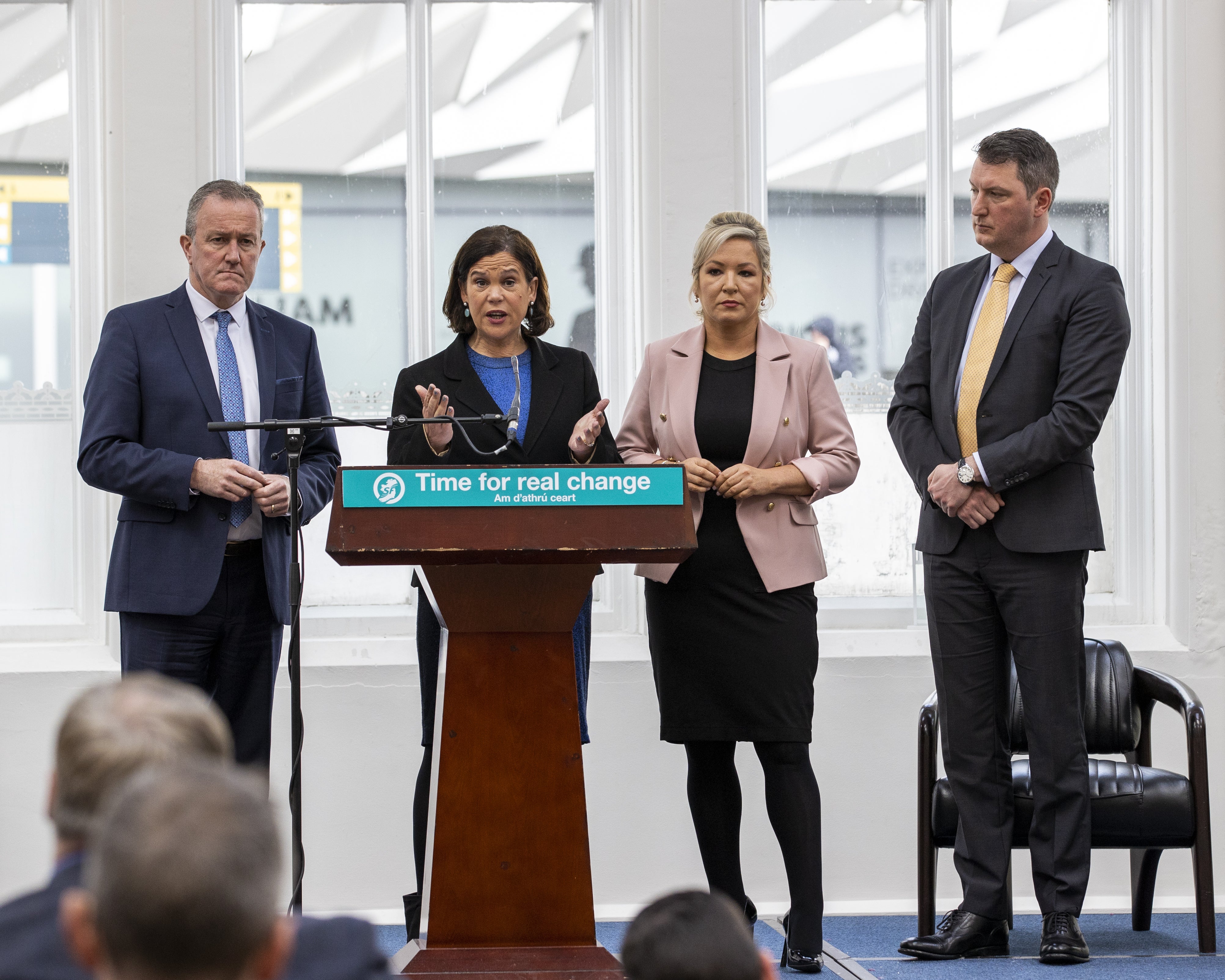 (left to right) Conor Murphy, Sinn Fein leader Mary Lou McDonald, Sinn Fein vice president Michelle O’Neill and John Finucane MP during the Sinn Fein Assembly election candidate launch (Liam McBurney/PA)