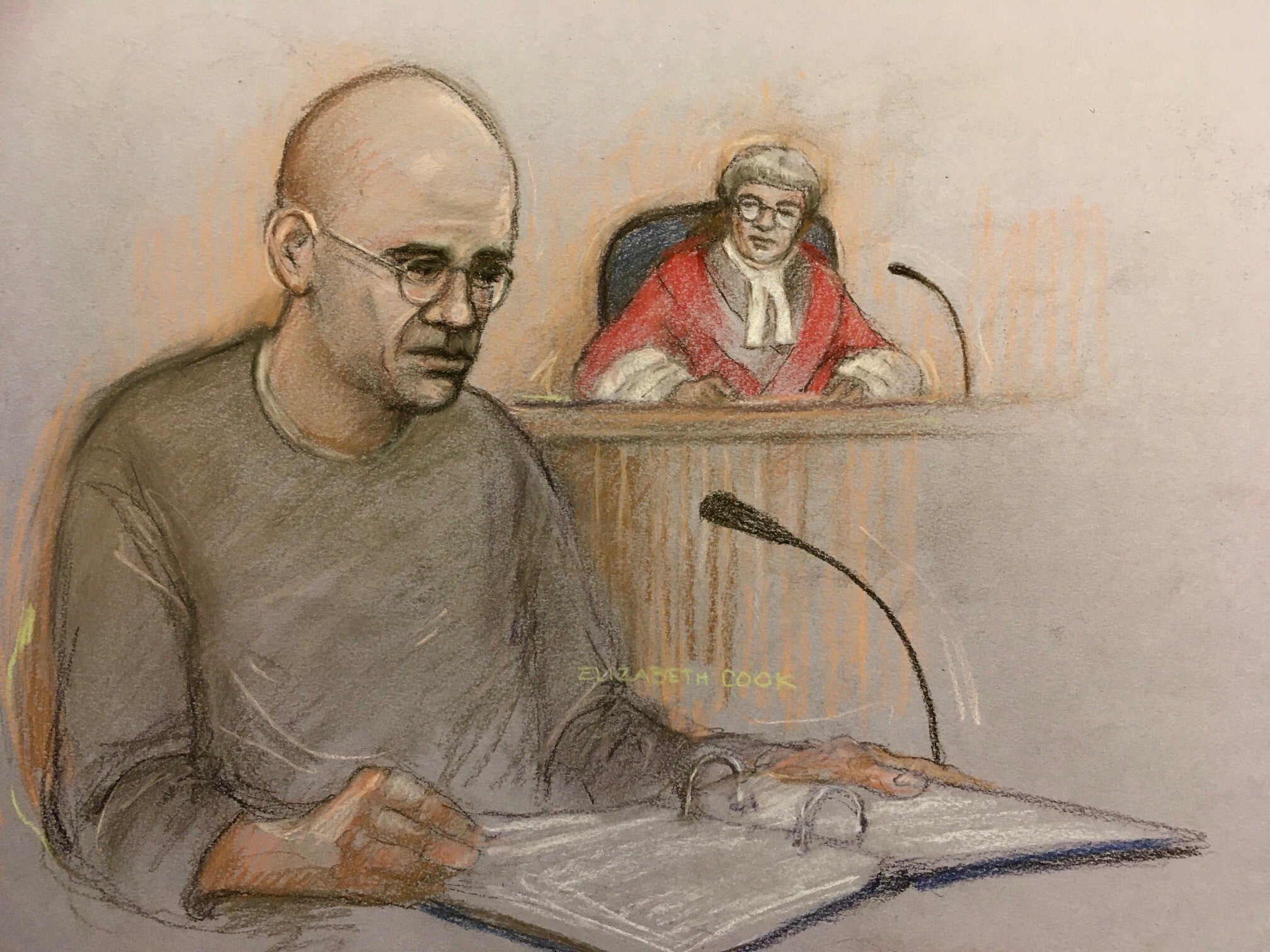 Court artist sketch by Elizabeth Cook of John Cole giving evidence at Cardiff Crown Court, where he and Angharad Williamson along with a 14-year-old boy, who cannot be named for legal reasons, are charged with killing five-year-old Logan Mwangi (PA)