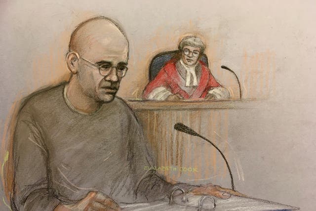 Court artist sketch by Elizabeth Cook of John Cole giving evidence at Cardiff Crown Court, where he and Angharad Williamson along with a 14-year-old boy, who cannot be named for legal reasons, are charged with killing five-year-old Logan Mwangi (PA)