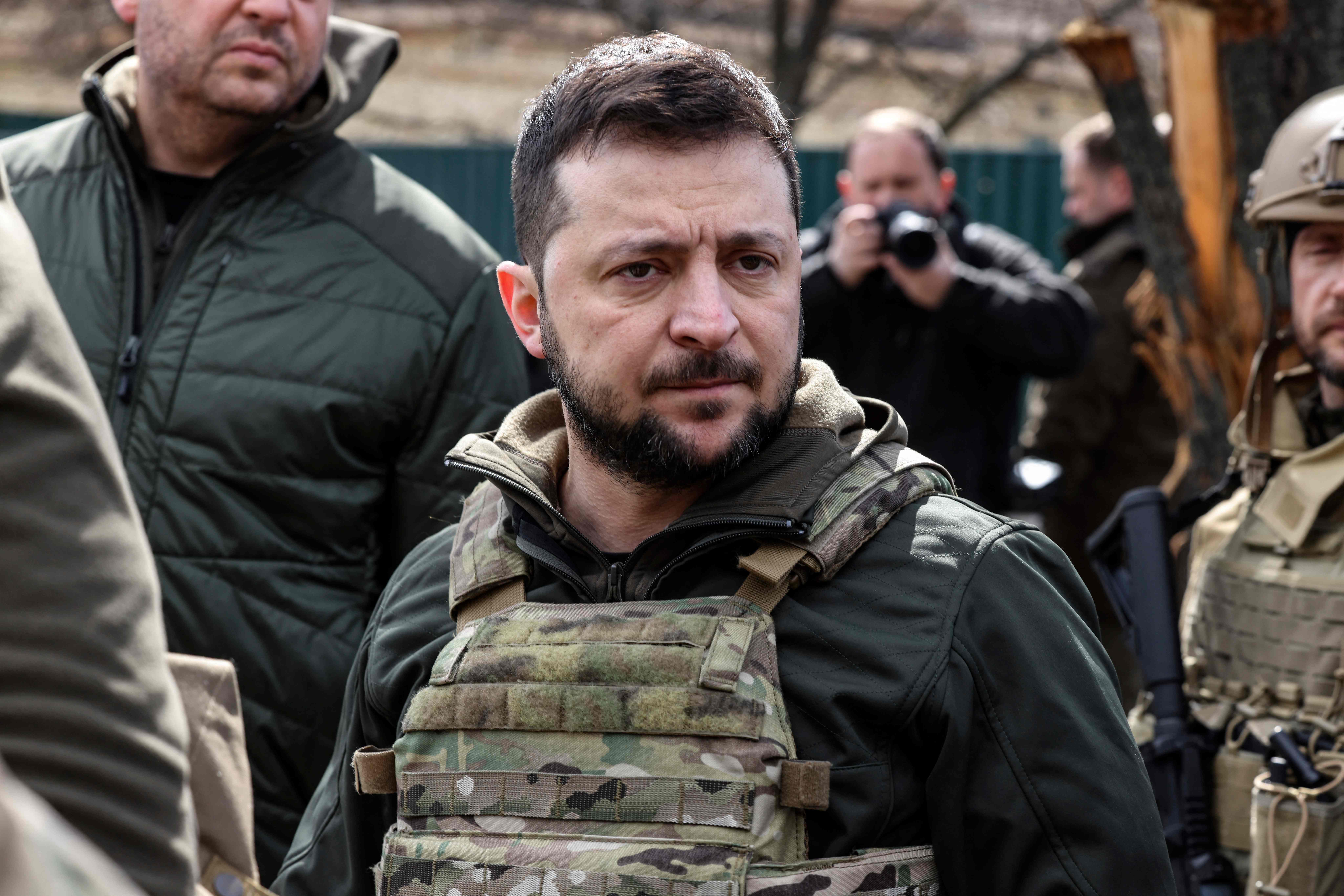 Ukainian President Volodymyr Zelensky visited Bucha on Monday