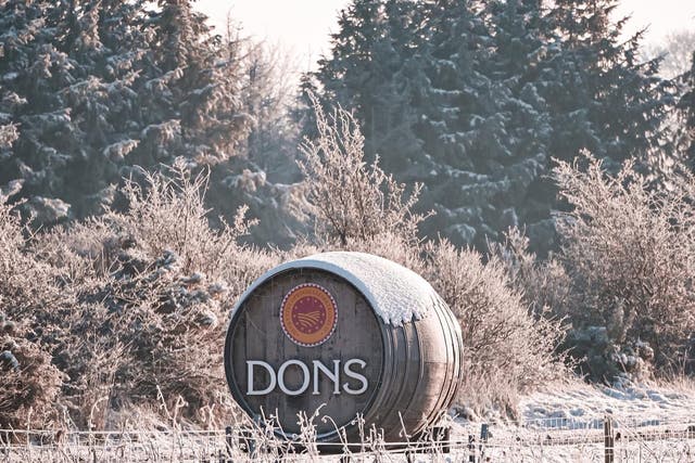 <p>A snow covered barrel at Skaersogaard Vin, Denmark</p>
