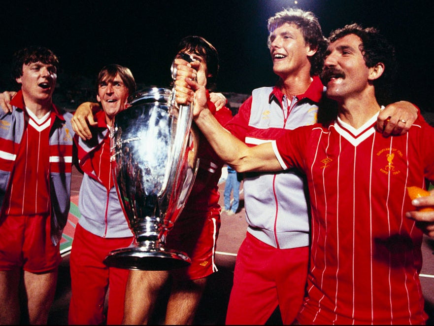 Steve Nicol, Kenny Dalglish, Alan Hansen (obscured), Gary Gillespie and Greaeme Souness celebrate winning the European Cup