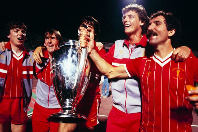 <p>Steve Nicol, Kenny Dalglish, Alan Hansen (obscured), Gary Gillespie and Greaeme Souness celebrate winning the European Cup</p>