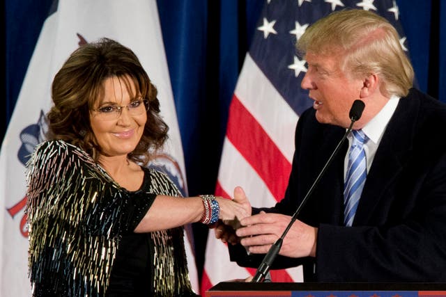 <p>Former Alaska Governor Sarah Palin at a 2016 campaign rally with Donald Trump. </p>