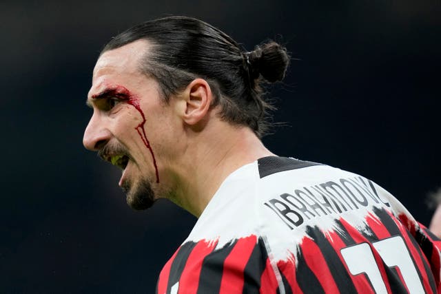 AC Milan’s Zlatan Ibrahimovic was left bloodied after a clash of heads with Bologna’s Gary Medel (Antonio Calanni/AP/PA)