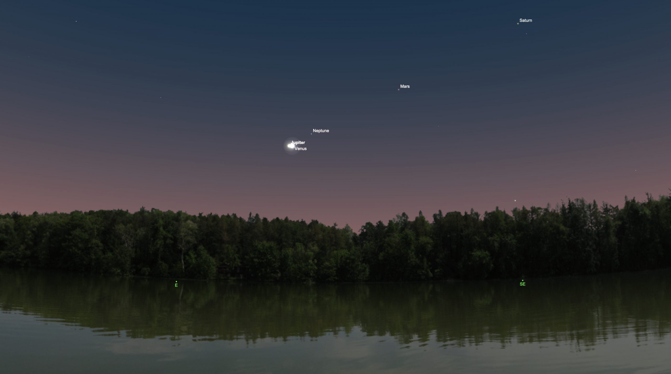 An illustration of the planets Jupiter and Venus in near alignment in the morning sky on 30 April 2022.