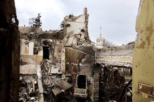 <p>A view of the Mariupol theatre damaged during fighting in Mariupol</p>