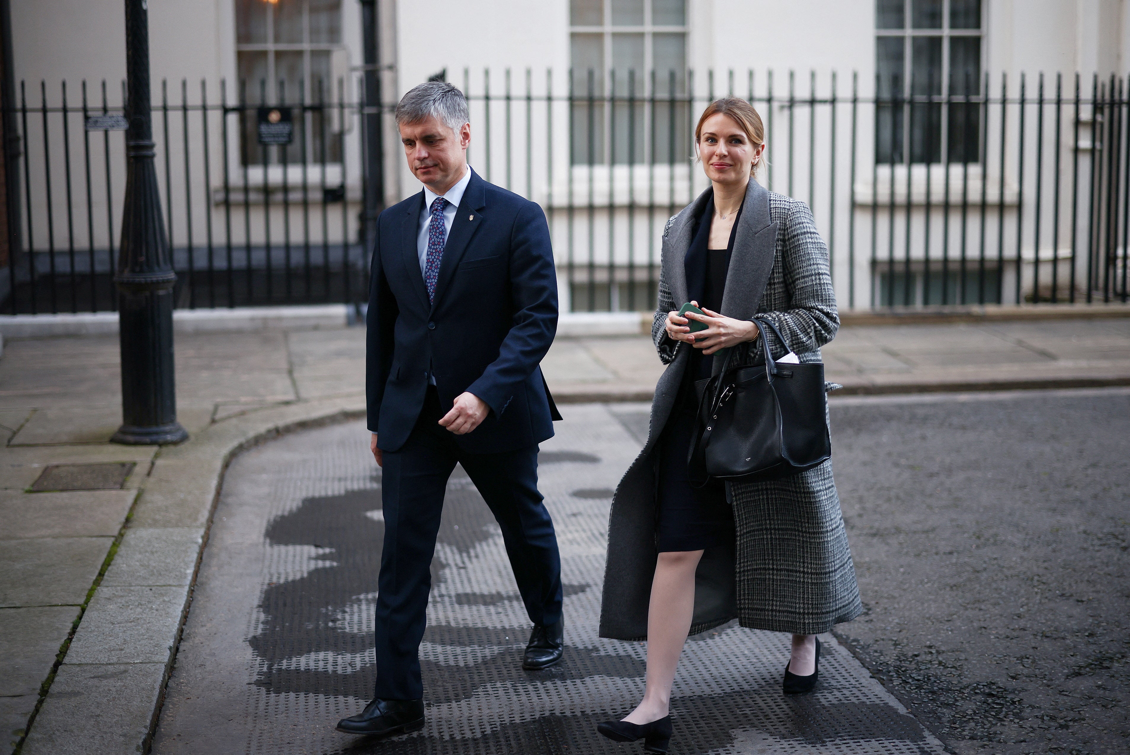 Ukraine’s Ambassador to the United Kingdom Vadym Prystaiko and Ukrainian Member of Parliament Lesia Vasylenko leave Number 10 Downing Street