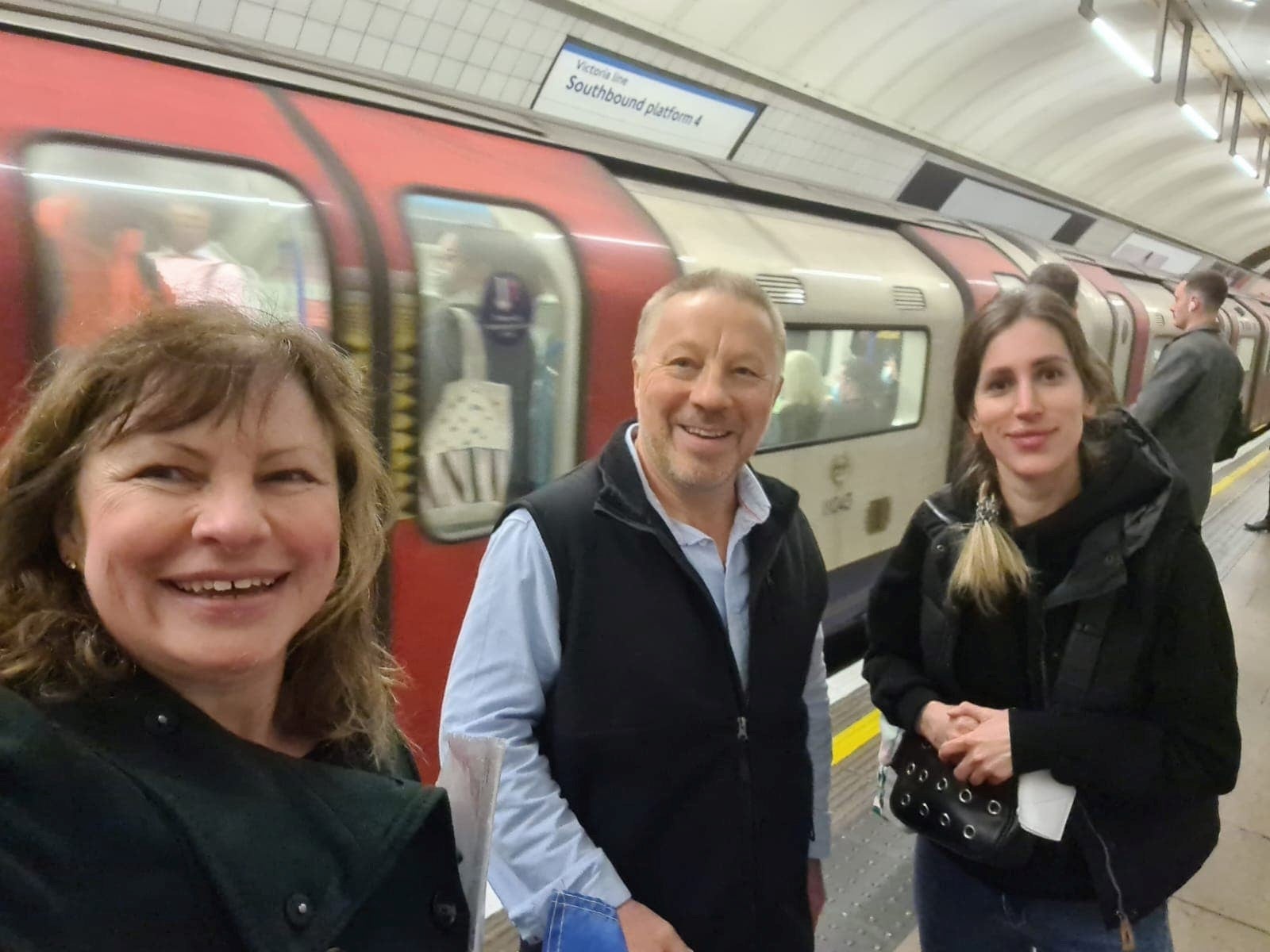 Helen Hayes (left), Neil Baker and Sofiia Klimina heading home to Surrey (Helen Hayes/PA)