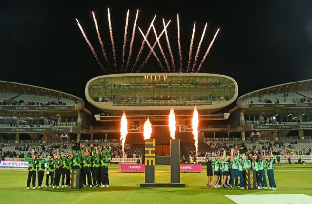 <p>The Southern Brave and the Oval Invincibles parade their trophies at Lord’s</p>