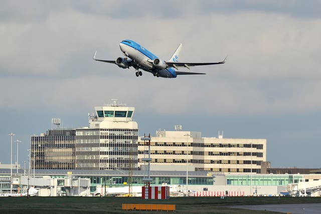A KLM Boeing 737-800 takes off from Manchester Airport. (Martin Rickett/PA)