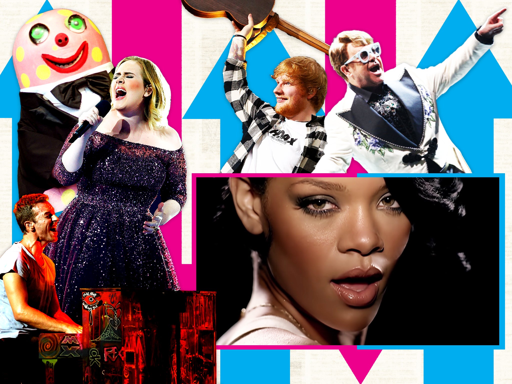 Coldplay’s Chris Martin, Mr Blobby, Adele, Ed Sheeran, Elton John and Rihanna