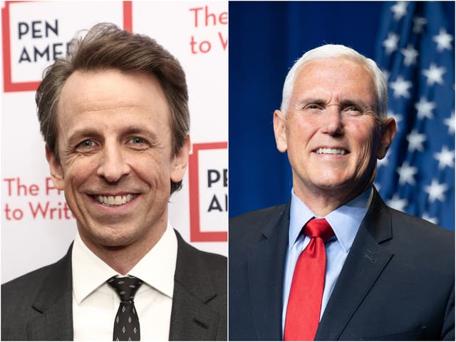 <p>Seth Meyers and Mike Pence</p>