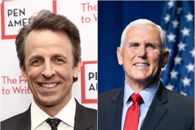 <p>Seth Meyers and Mike Pence</p>
