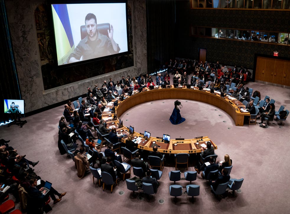 Ukrainian President Volodymyr Zelensky speaks via remote feed during a meeting of the UN Security Council at United Nations headquarters (John Minchillo/AP)