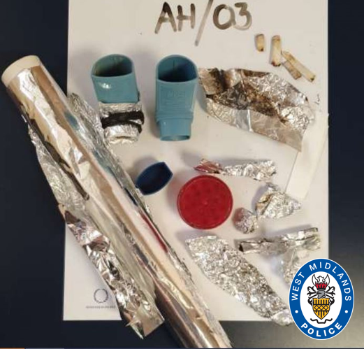 One of Hakeem Hussain’s blue asthma inhalers can be seen covered in foil surrounded by drug paraphernalia at the house where he died in November 2017