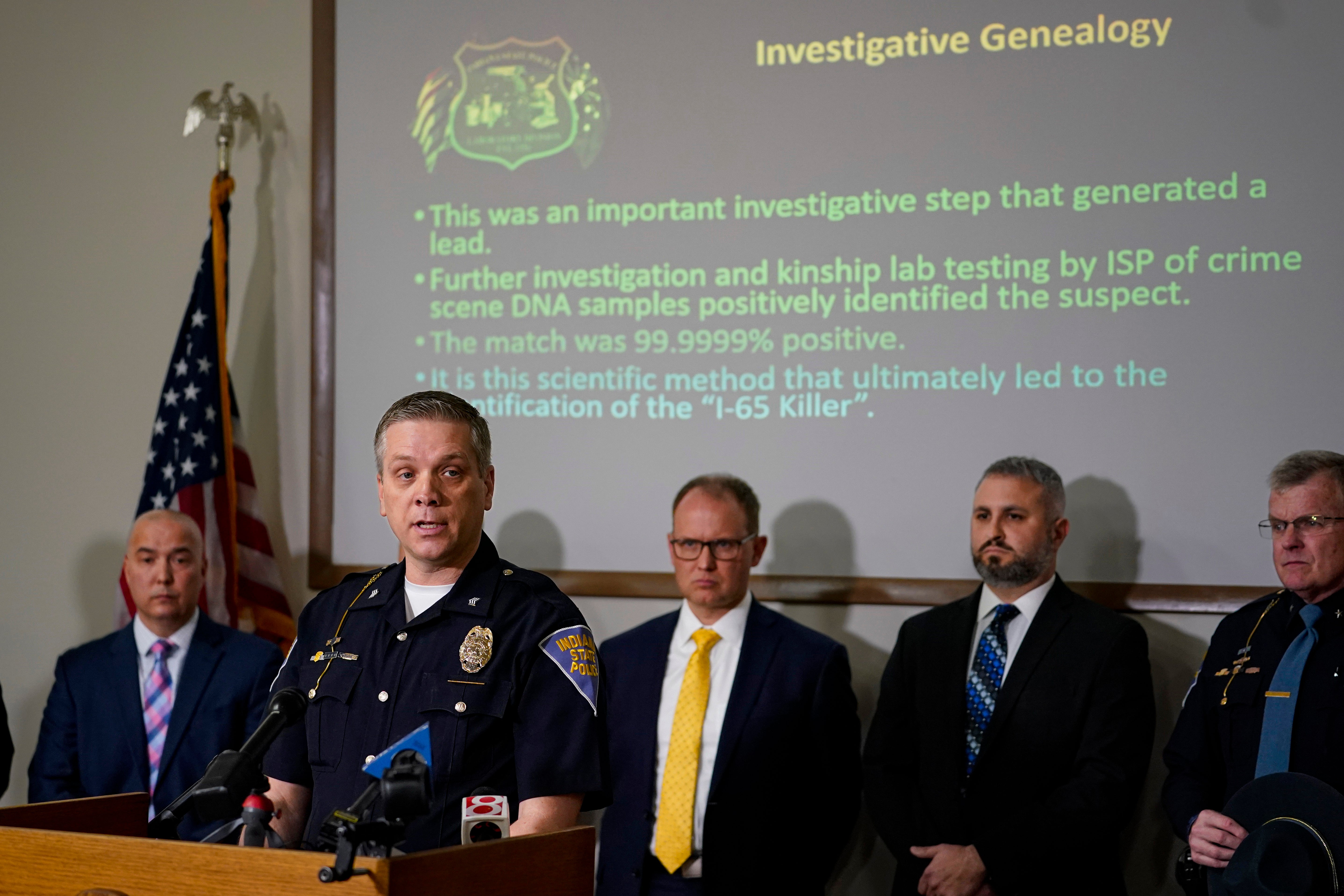 Indiana State Police Sgt. Glen Fifield announces the identity of the suspect in the "Days Inn" cold case murders during a press conference in Indianapolis, Tuesday, April 5, 2022. Police identified the suspect as Harry Edward Greenwell more than 30 years after three women were killed and another assaulted using investigative genealogy. (AP Photo/Michael Conroy)