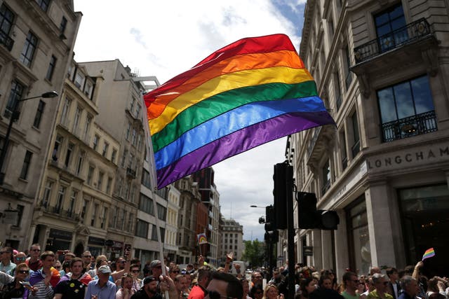 A rainbow flag is held aloft (Daniel Leal-Olivas/PA)