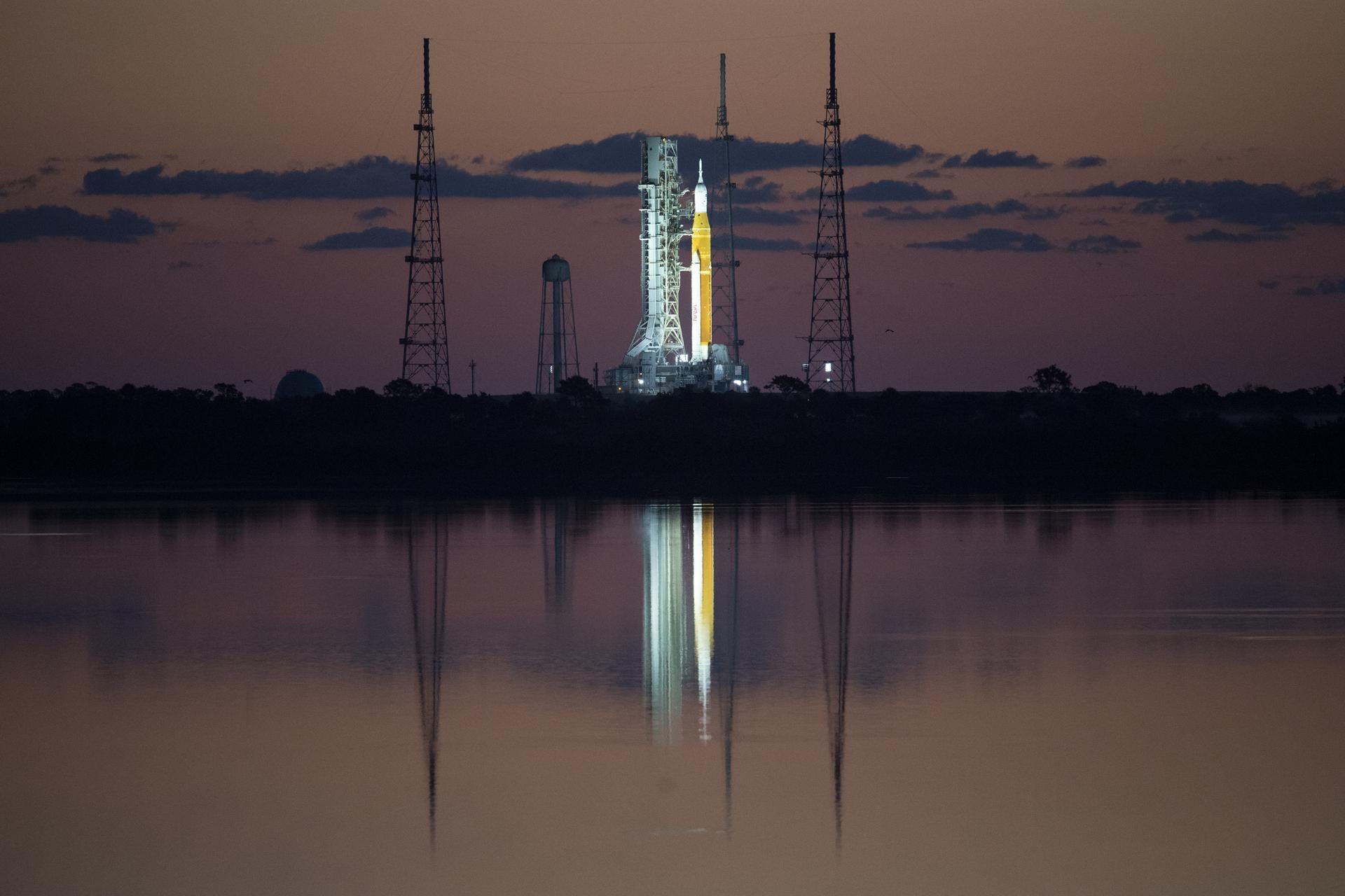 Nasa’s Space Launch System Moon rocket at dawn on 4 April 2022, prior to a “wet dress rehearsal” for launch