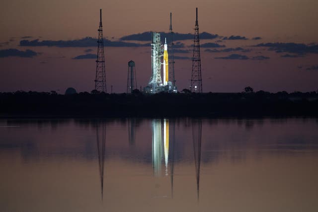 <p>Nasa’s Space Launch System Moon rocket at dawn on 4 April 2022, prior to a “wet dress rehearsal” for launch</p>