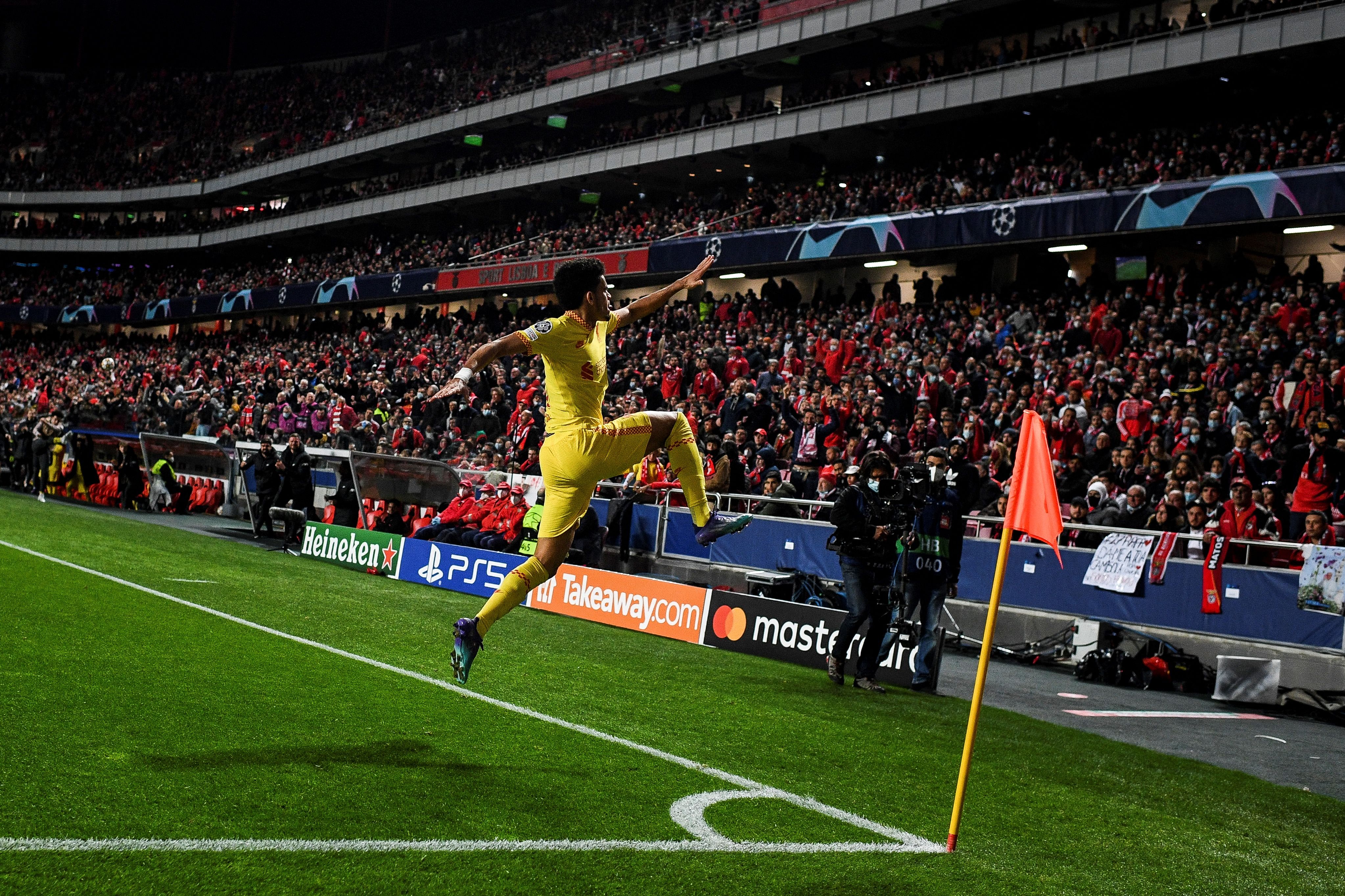 Liverpool's Colombian midfielder Luis Diaz celebrates after scoring