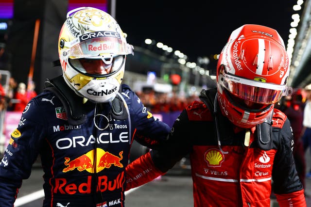 <p>Verstappen and Charles Leclerc have been battling on track</p>