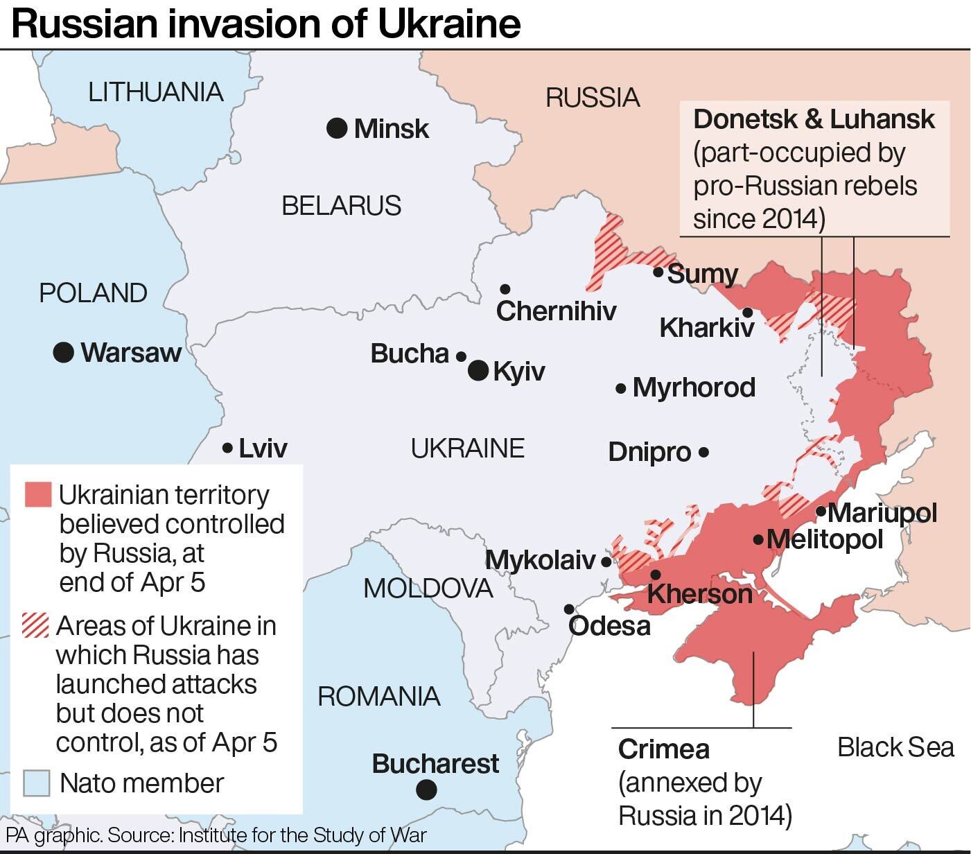 This map shows the extent of the Russian invasion of Ukraine as of 6 April