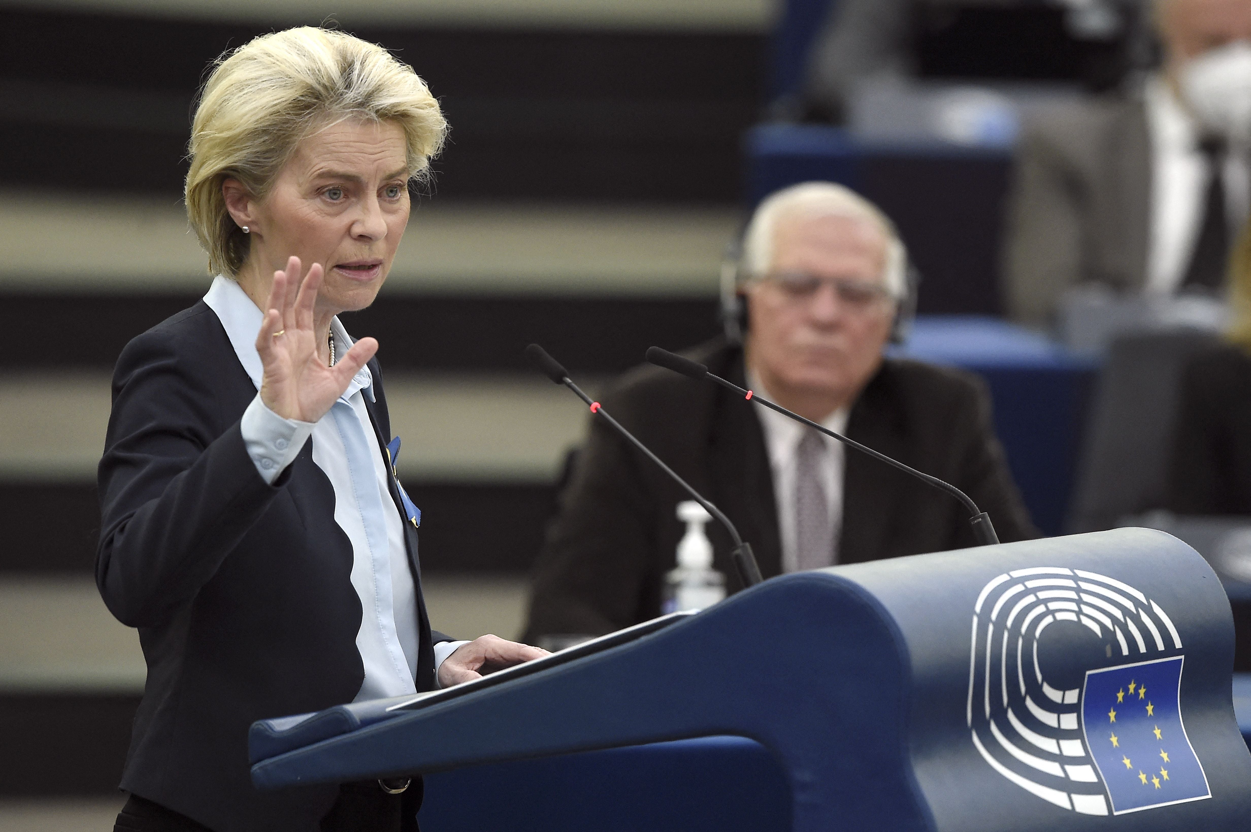 Von der Leyen gestures as she speaks during a debate on Russia’s invasion of Ukraine at a plenary session at the European parliament in Strasbourg, eastern France, on Wednesday
