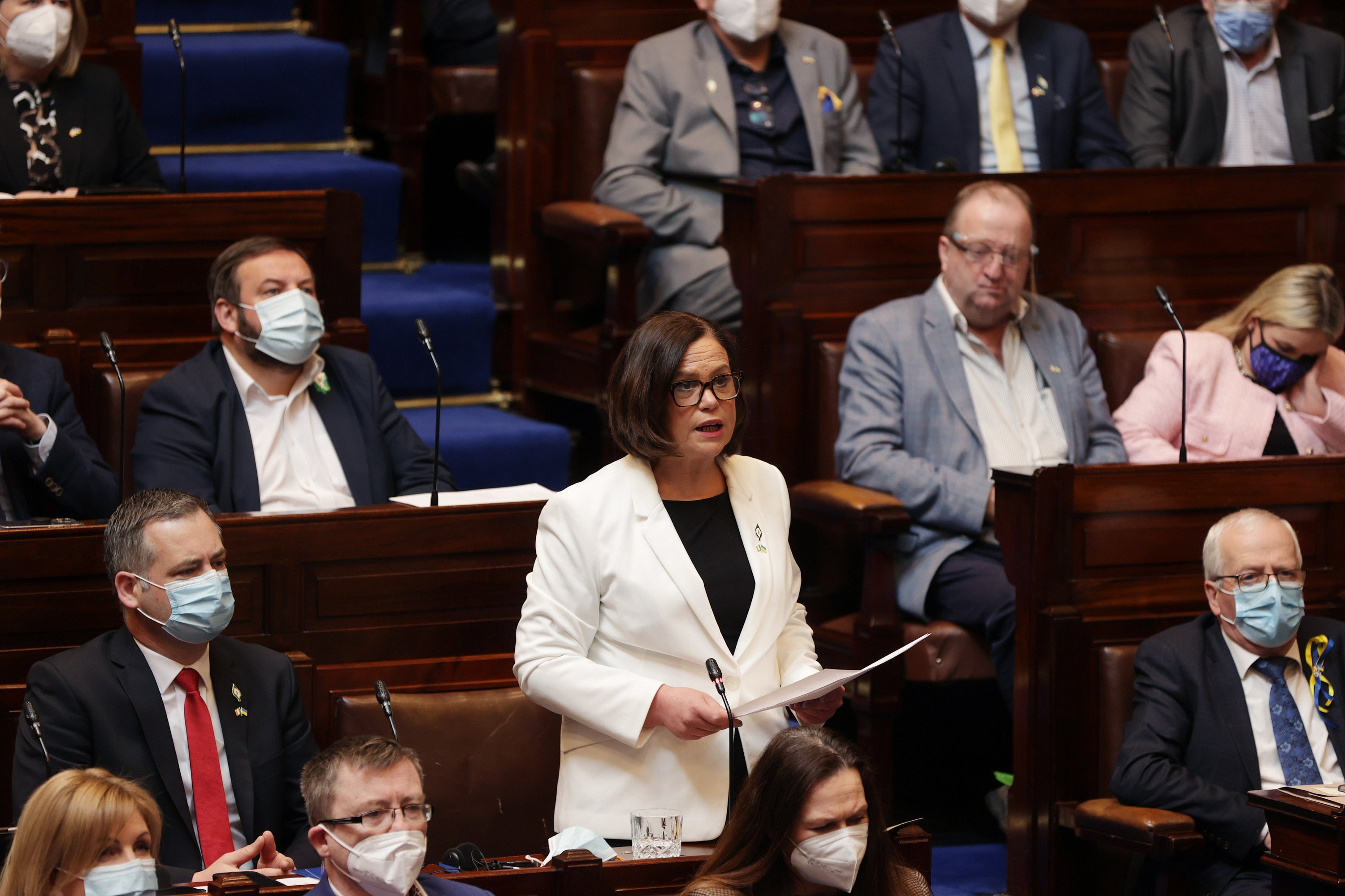Mary Lou McDonald speaking after Volodymyr Zelensky, president of Ukraine, addressed the joint sitting (Maxwells/PA)
