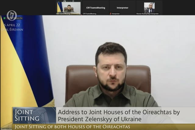 Screengrab from Oireachtas TV of President Zelensky of Ukraine addressing members in the Dail (Oireachtas TV/PA)
