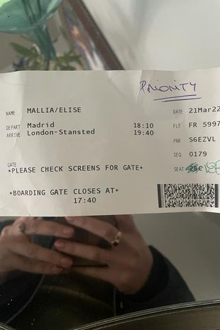 Elise’s Madrid-Stansted boarding pass