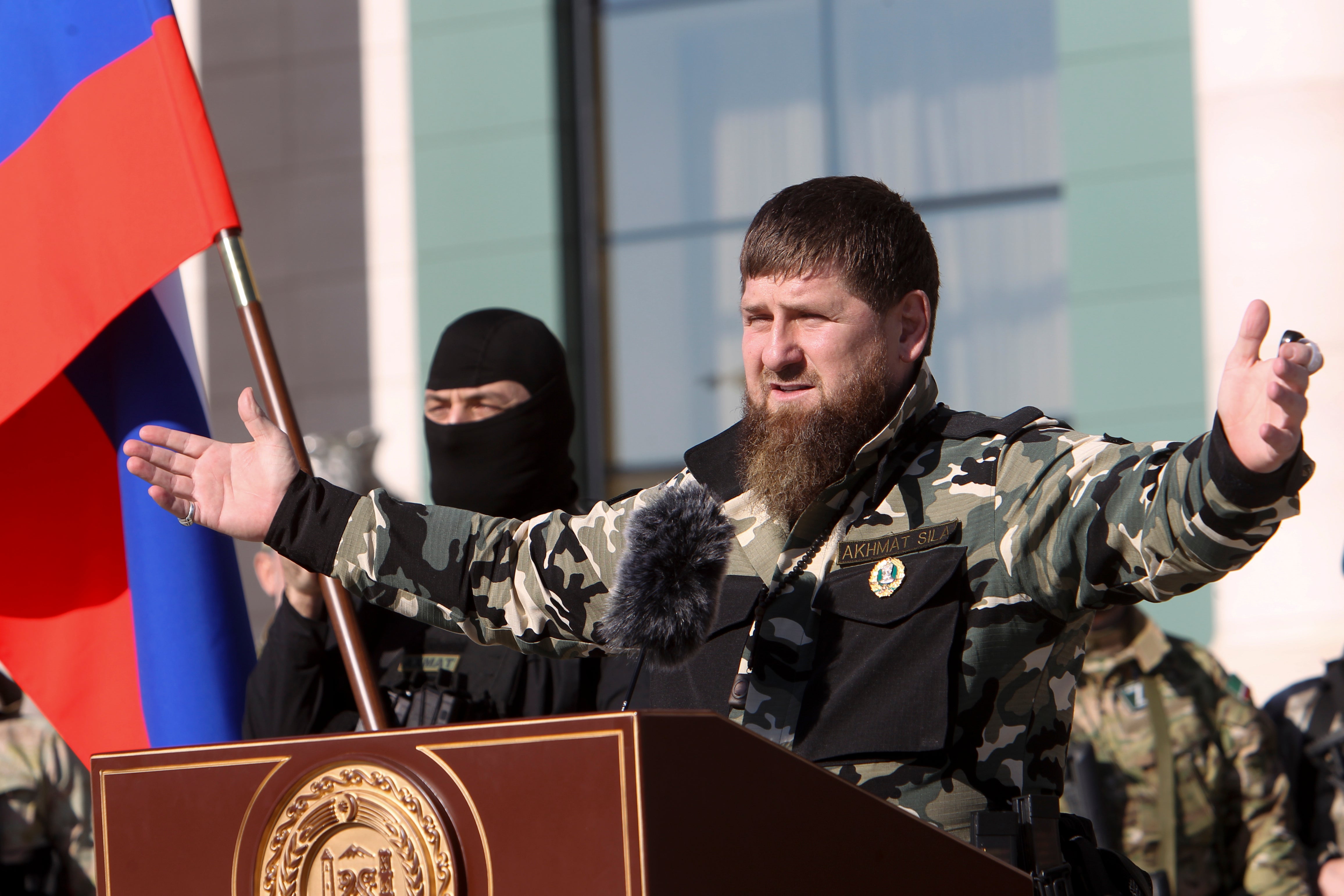 Kadyrov gestures while speaking to about 10,000 troops in Grozny, 29 March 2022