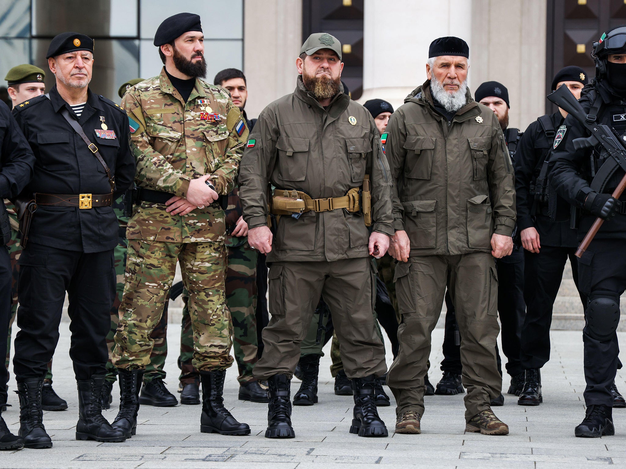 Ramzan Kadyrov – decked out in Prada boots – takes part in a review of the Chechen Republic’s troops and military hardware at his residence in Grozny, 25 February 2022