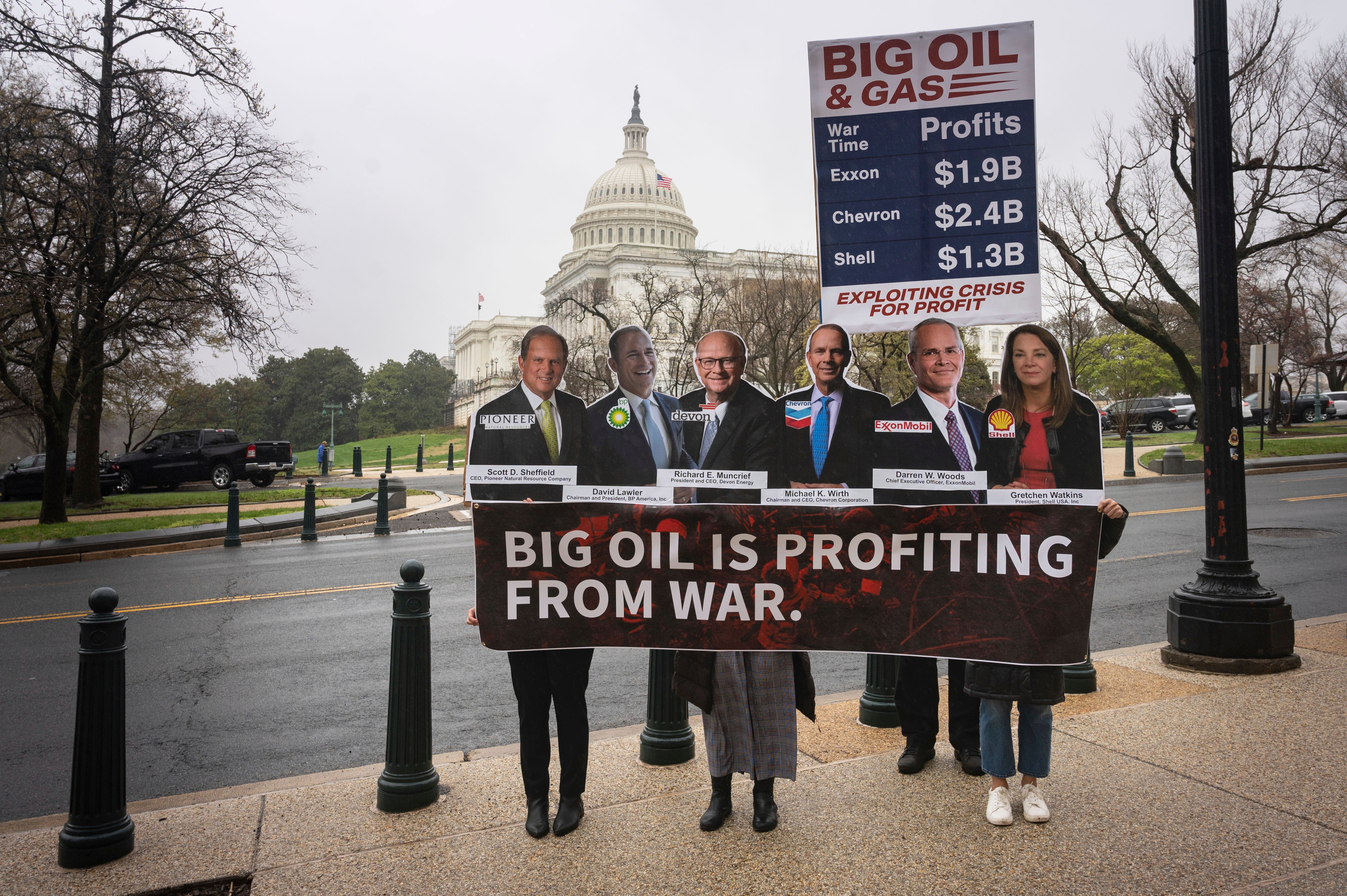 Protesters in DC on Wednesday as lawmakers heard testimony from oil executives at a hearing on “Gouged at the Gas Station: Big Oil and America’s Pain at the Pump”