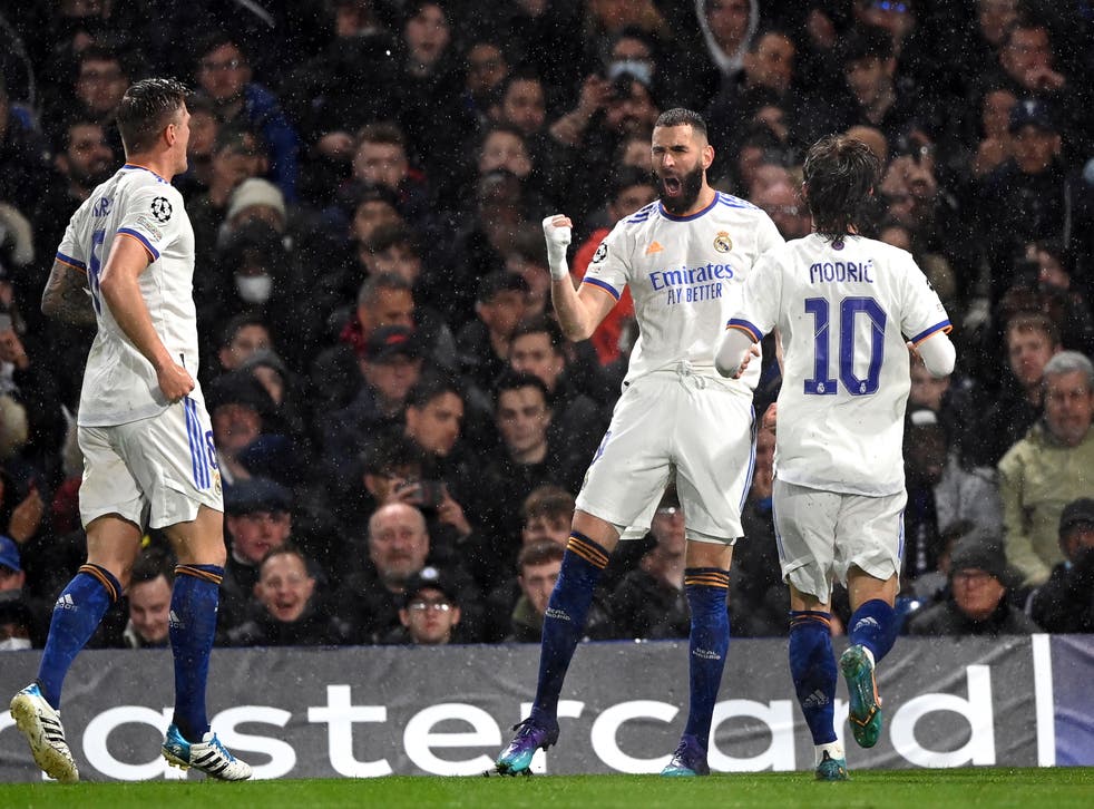 <p>Karim Benzema netted a scintillating hat-trick in Real Madrid’s first-leg triumph at Stamford Bridge </p>