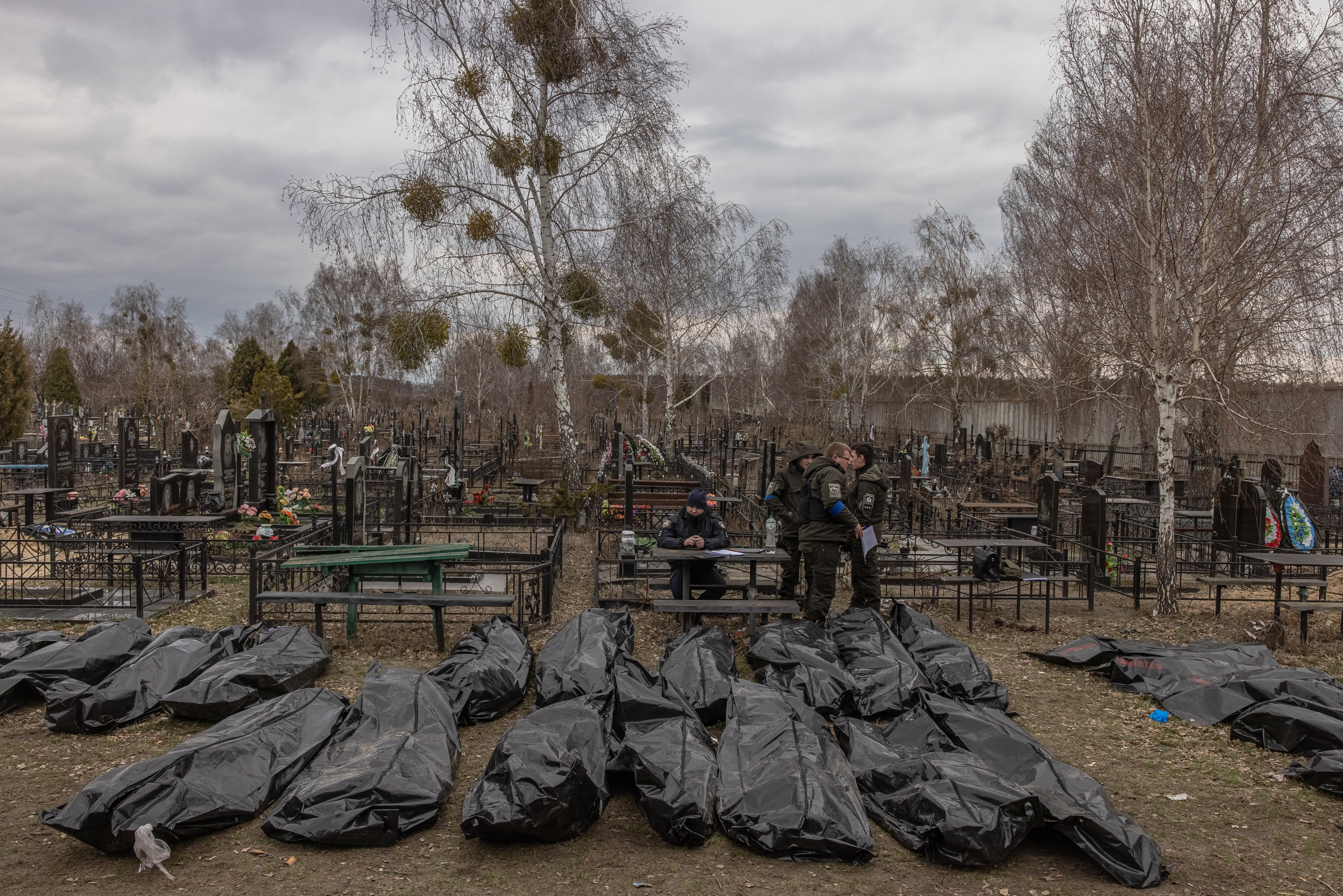 Bodies of killed people that were brought to the cemetery in Bucha