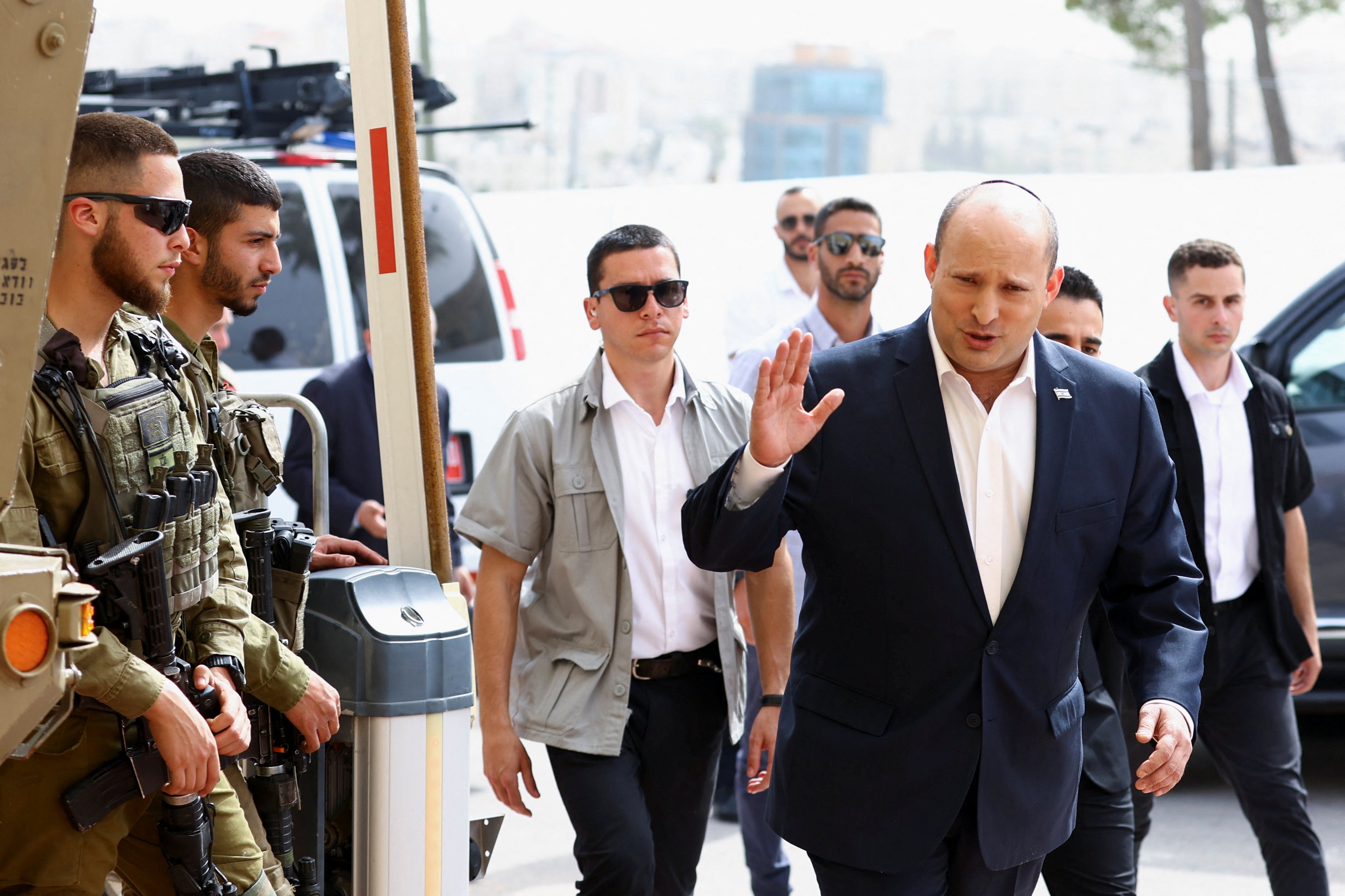 Israel’s prime minister Naftali Bennett gestures during a visit to an army base in the Jewish settlement of Beit El, near Ramallah, in the Israeli-occupied West Bank, 5 April 2022
