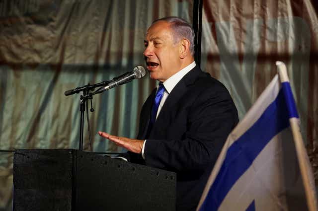 <p>Former prime minister Benjamin Netanyahu speaks during a rally held by right-wing Israelis in Jerusalem, 6 April 2022</p>