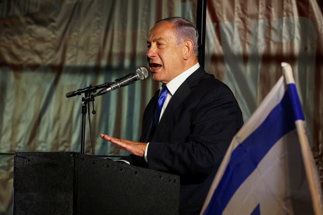 <p>Former prime minister Benjamin Netanyahu speaks during a rally held by right-wing Israelis in Jerusalem, 6 April 2022</p>