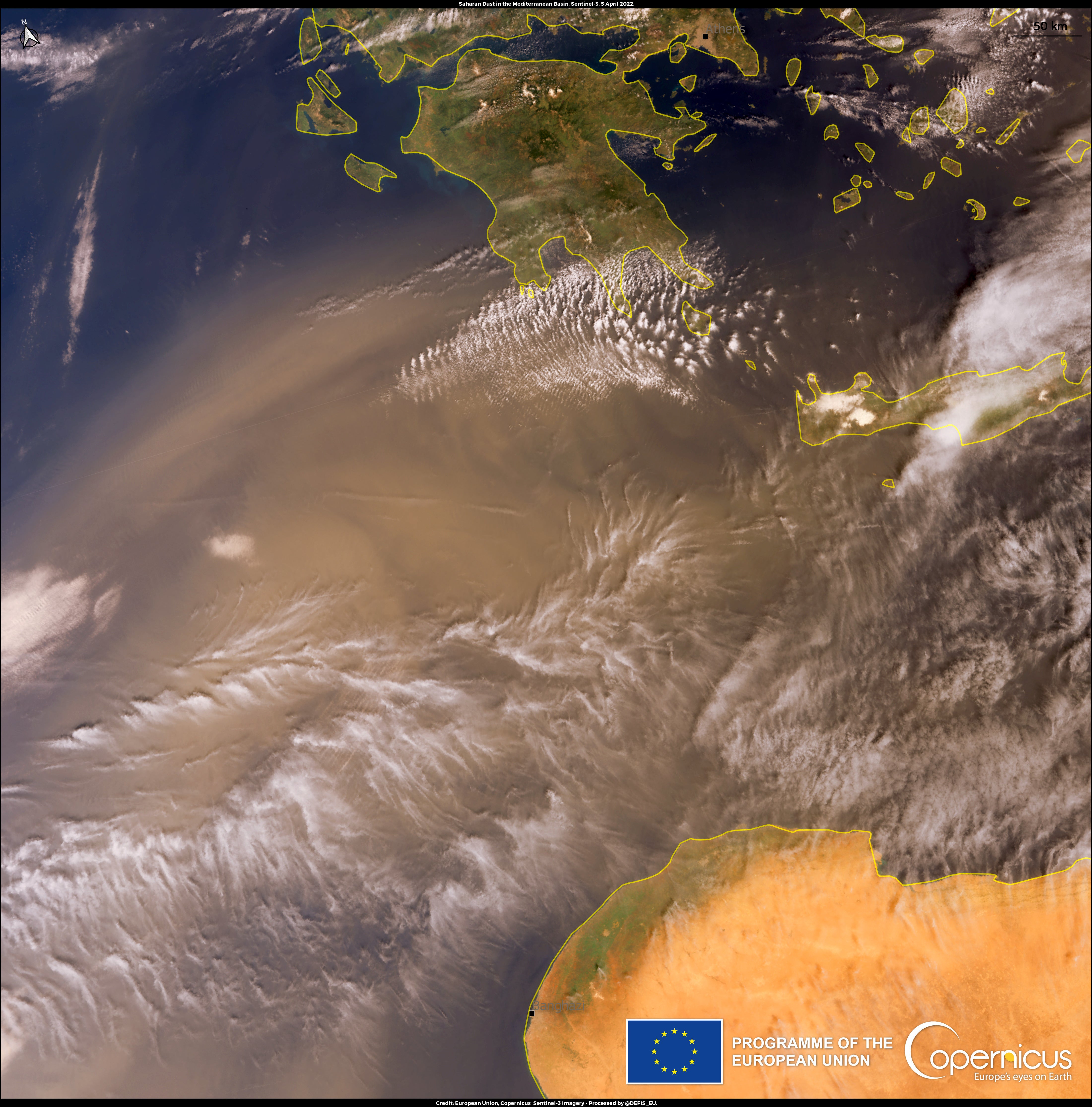 A dust cloud is seen encroaching on Greece