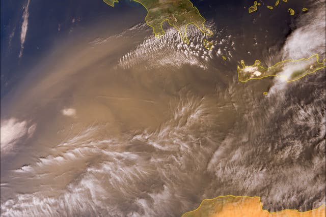 <p>A dust cloud is seen encroaching on Greece </p>