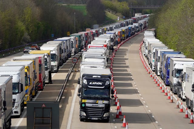 Lorries queued in Operation Brock on the M20 near Ashford in Kent as freight delays continue at the Port of Dover, in Kent, where P&O ferry services remain suspended after the company sacked 800 workers without notice