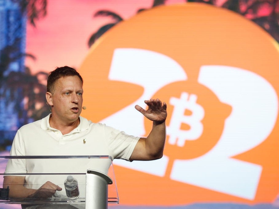 <p>Peter Thiel, co-founder of PayPal, speaks during the Bitcoin 2022 Conference at Miami Beach Convention Center on 7 April, 2022 in Miami, Florida</p>